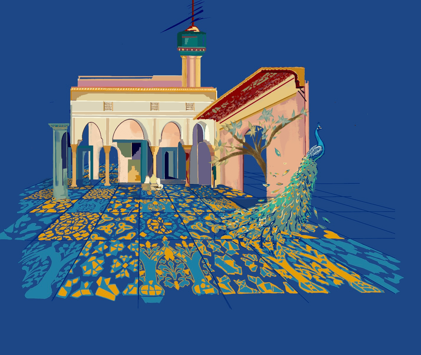 Illustrated courtyard: an arched pavilion and minaret behind a patterned tile floor, with a peacock crossing it